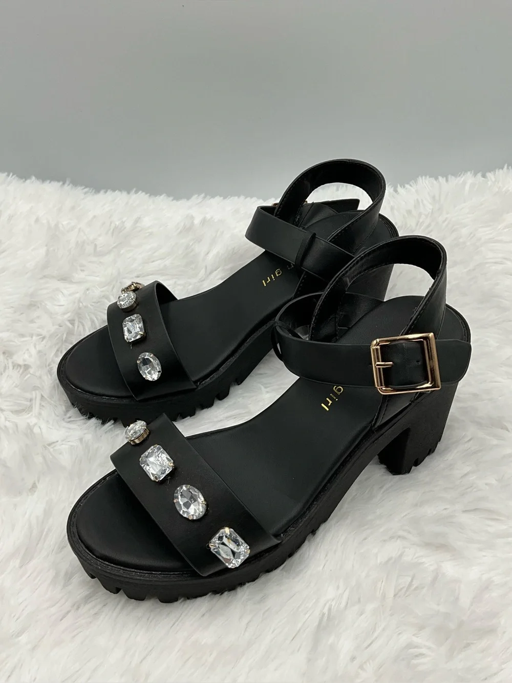 Madden Girl Sandals Size 6.5 Black Gem-Embellished Chunky Platform